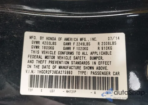 2014 Honda Accord Lx from USA, damaged, VIN 1HGCR2F38EA275960